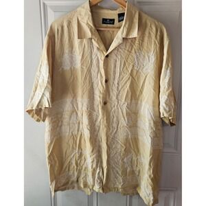 Fusione 100% Silk Camp Shirt Mens Large Yellow‎ White Hawaiian Casual Button Up